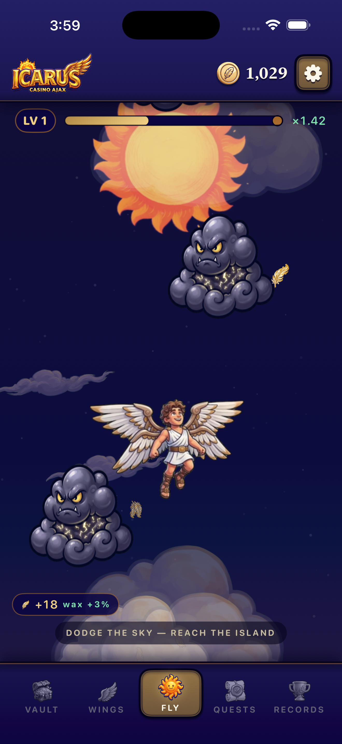 Icarus dodging a fanged storm cloud and a harpy mid-flight