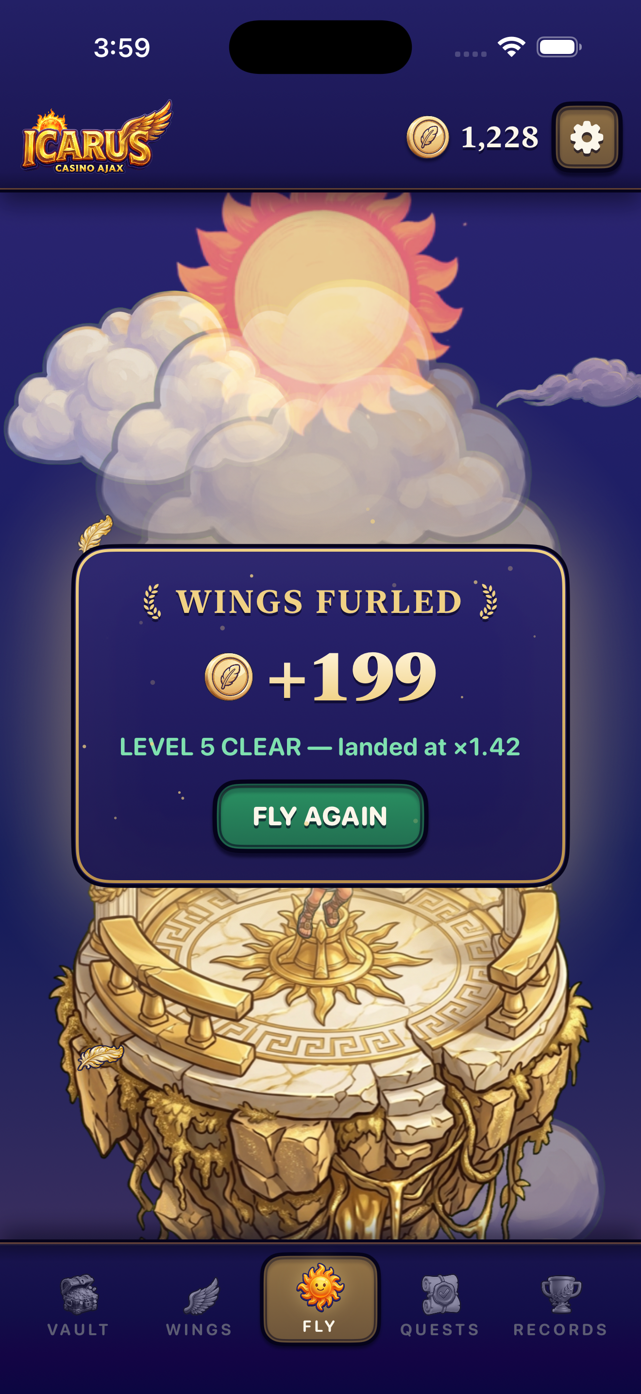 Wings furled: level clear on the gilded island