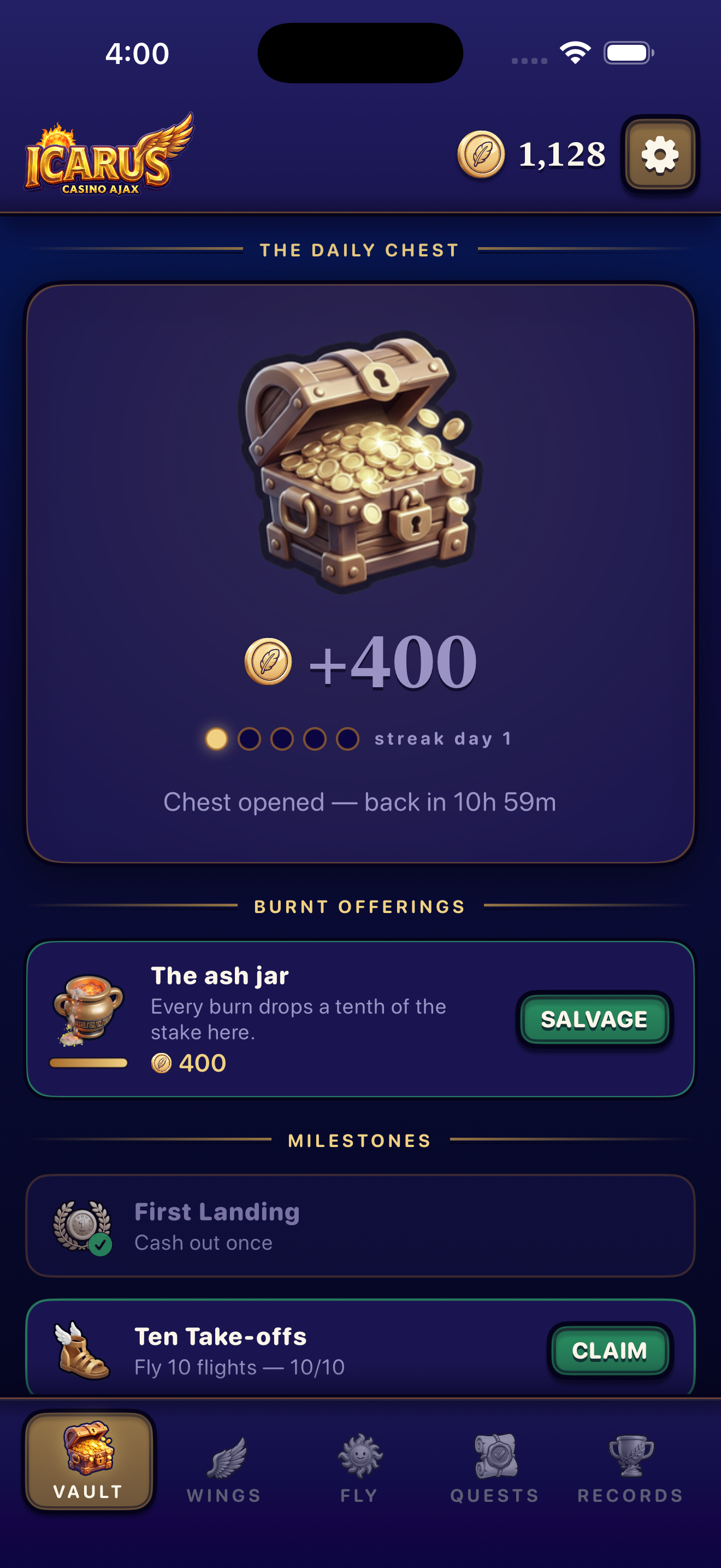 The Vault — daily chest, ash jar, milestones