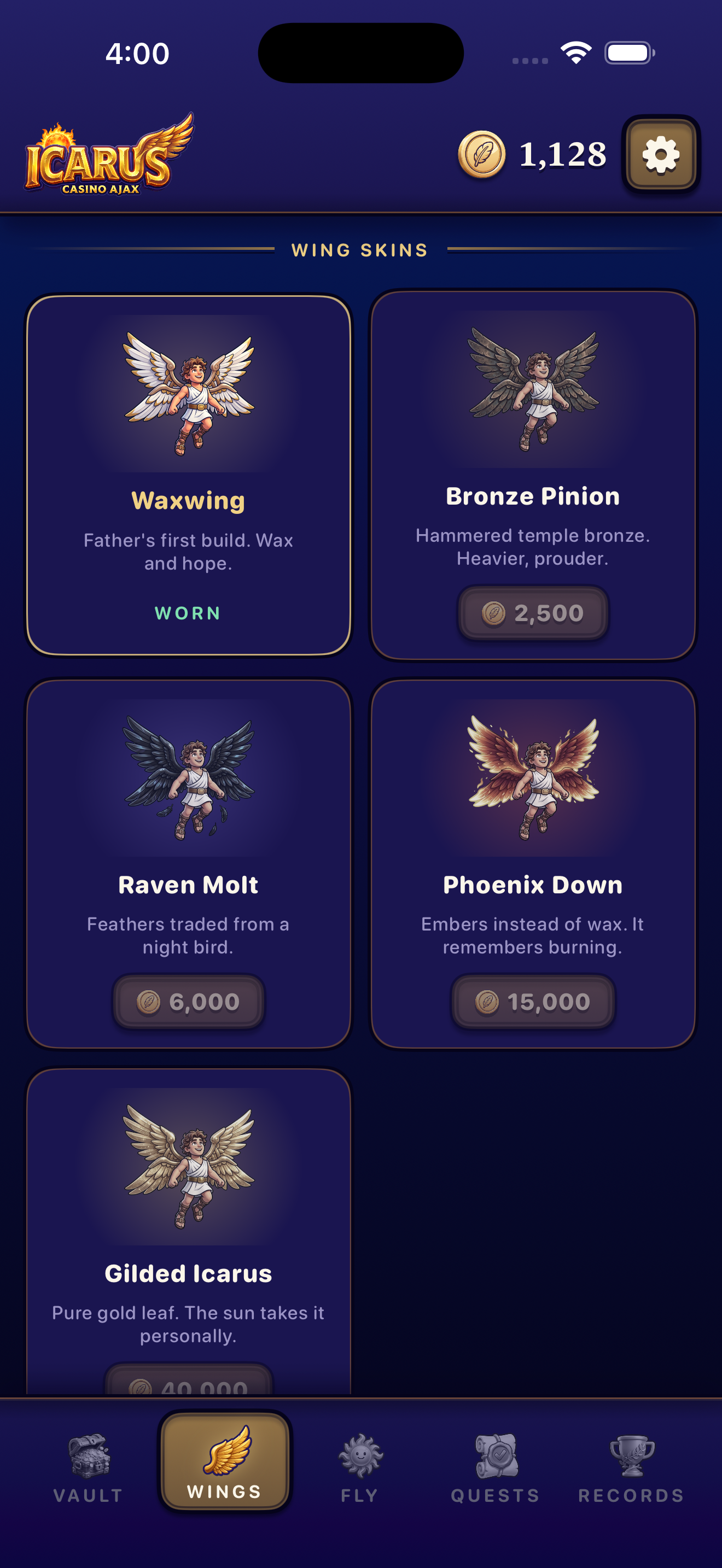 The wing rack — five skins, four boosts